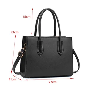 Black saffiano leather handbag detail showing dimensions, dual top handles and strap.