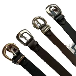 Casual PU lederen riem set voor heren en dames met metalen gesp en etnisch geweven patroon.