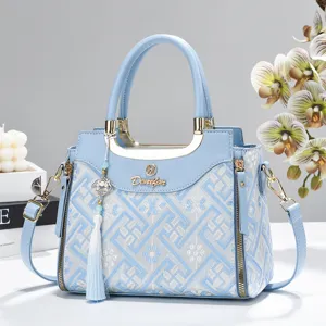 Close-up detail of the light blue embroidered handbag featuring intricate geometric patterns.
