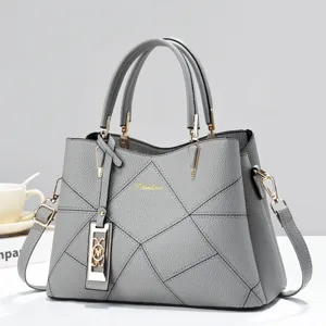 Classic grey tote bag for women, stylish top handle shoulder bag with geometric design.