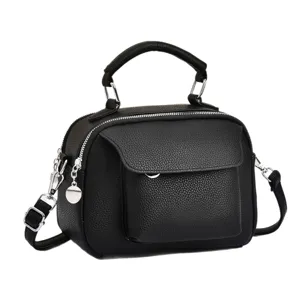 Black leather crossbody handbag for women, versatile top handle shoulder bag with multi-compartment.