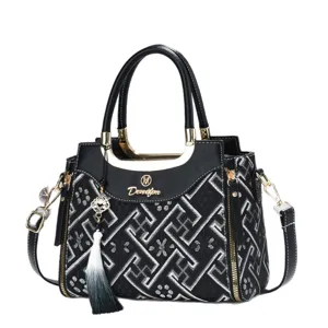 Stylish black embroidered women handbag with geometric pattern, top handles and shoulder strap.