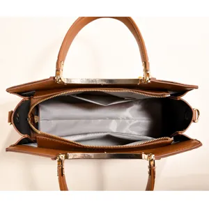 Large capacity brown PU leather commuter tote shoulder bag with multi-compartment interior.