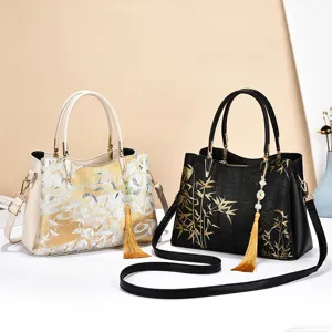 Women's Chinese Style Bucket Bag Large Capacity PU Leather Handbag Vintage Cloud Bamboo Print Crossbody Tote Bag