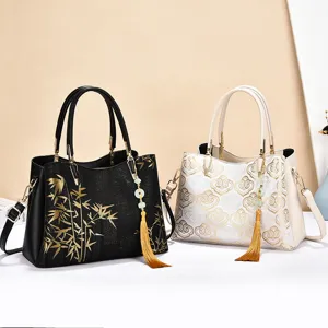 Chinese style women handbag large capacity tote bag elegant messenger bag with tassel decor