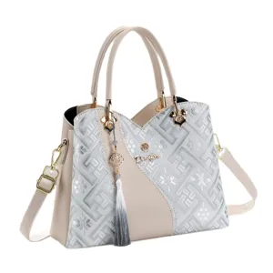 Women's Fashion Handbag Tote Shoulder Crossbody Bag with Geometric Pattern and Tassel Charm