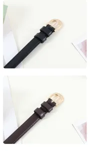 Détails en gros plan de ceintures en cuir pour femmes en noir et marron avec boucles dorées.