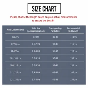 Men leather belt size chart guide, waist length sizing table for business casual trousers.