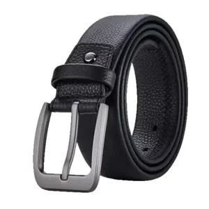 Men's black leather belt with metal pin buckle, casual business dress belt for jeans.