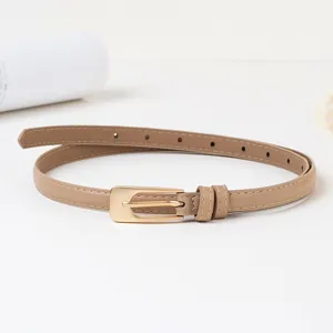 Dames minimalistische PU lederen smalle riem detail weergave, elegante gouden gesp.