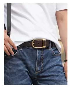 Close-up detail shot of men's dark brown leather belt with stylish brass pin buckle.