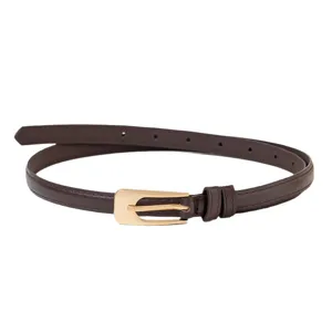 Slanke donkerbruine PU lederen damesriem met gouden metalen gesp voor jurken en jeans