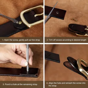 Men casual business leather belt detail view showing adjustment and assembly steps.