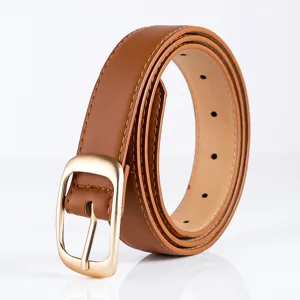 Stylish brown women's leather belt with a sleek gold buckle, perfect for jeans and casual wear.
