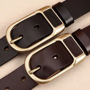 Close-up detail of luxury style men leather belt with elegant metal pin buckle design.