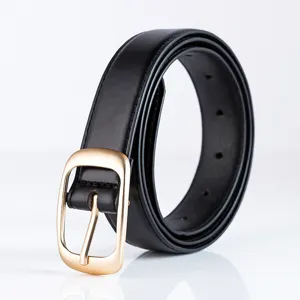 Black leather women belt with gold buckle detail, versatile casual jeans waist accessory.