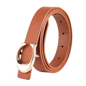 Stylish brown leather belt for women featuring an elegant gold C-buckle retro design for daily wear
