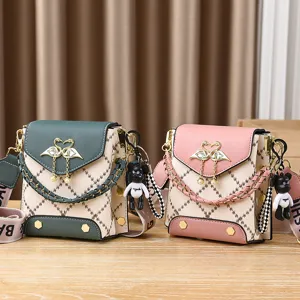 Fashion women shoulder crossbody phone bag cute small square handbag with cute bear pendant