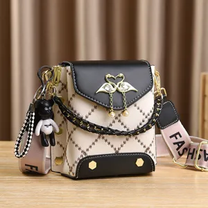Women stylish small crossbody bag with diamond lattice pattern and cute swan pendant for daily use.