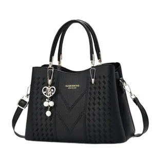 Women black PU leather top handle handbag large capacity casual stylish commute shoulder bag