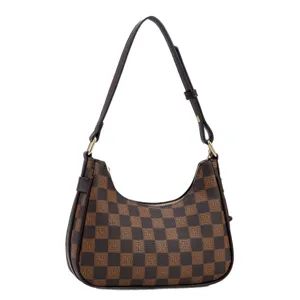 Chic brown checkerboard hobo shoulder bag for women, stylish vintage style commuter handbag.