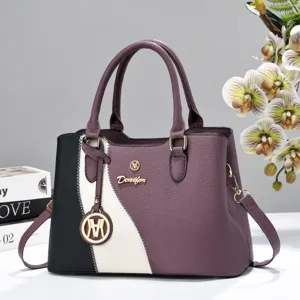 Elegant color-block tote bag, large capacity soft leather shoulder bag with metal hardware for daily use.