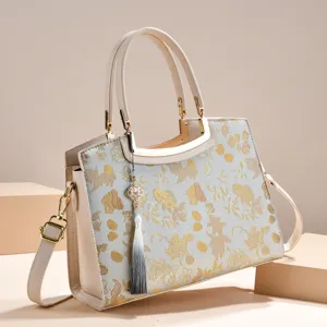 New Chinese Style Embroidered Large Capacity Tote Bag Women Commuting Versatile PU Leather Shoulder Bag With Tassel