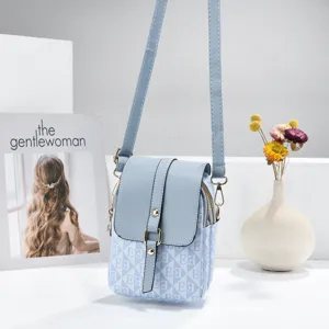 Women vintage geometric printed crossbody phone bag light travel small messenger bag blue