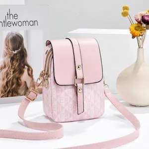 Pink vintage printed crossbody phone bag with flap and golden hardware for women.