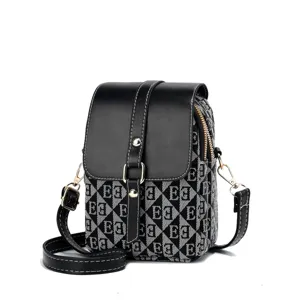 Women small crossbody cell phone bag, black PU leather flap with monogram shoulder bag.