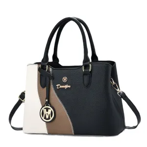 Stylish colorblock leather tote bag, large capacity shoulder bag for women daily use.