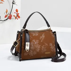 Elegant brown floral embossed leather handbag, versatile single shoulder crossbody bag.