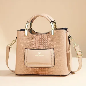 Elegant crocodile pattern PU leather women handbag with top handle and shoulder strap detail.