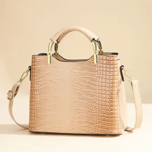 Elegant crocodile embossed PU leather handbag with gold hardware and shoulder strap details.