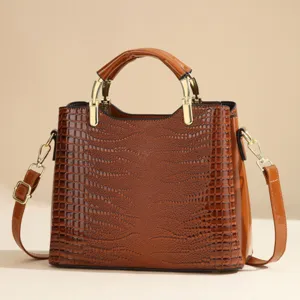 Brown crocodile pattern PU leather handbag, elegant top handle and shoulder strap detail.