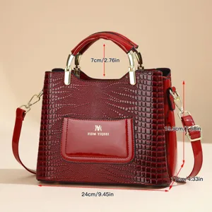 Red crocodile pattern PU leather handbag with top handle and shoulder strap for women.