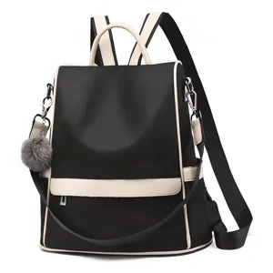 Black oxford cloth backpack for women trendy casual travel school bag with pom pom charm