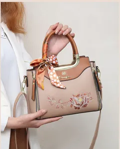 Elegant embroidered peony women handbag with silk scarf, stylish PU leather shoulder bag.