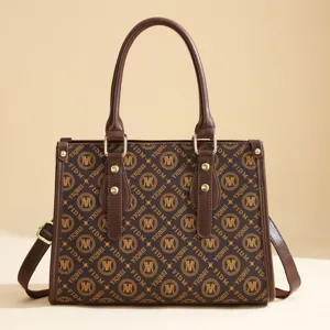 Women large capacity brown tote bag retro monogram designer style daily shoulder handbag
