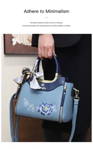 Elegant blue peony embroidered women handbag stylish silk scarf shoulder crossbody bag