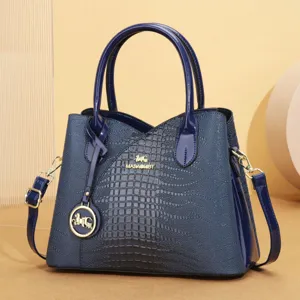 Borsa tote vintage blu in pelle PU da donna con stampa coccodrillo e dettagli dorati.