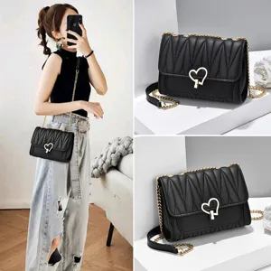 Women Fashion Quilted PU Leather Shoulder Bag Sweet Heart Shaped Lock Crossbody Bag Casual Daily Small Square Handbag