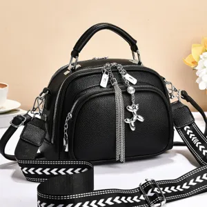 Women Fashion PU Leather Shoulder Bag Casual Crossbody Bag Multi-Layer Zipper Tote Bag With Wide Strap And Cute Pendant