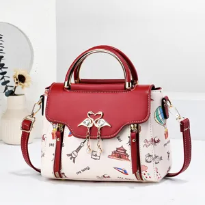Stylish women shoulder handbag with metal handle and swan lock, casual trendy design.