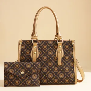 Stylish brown monogram tote bag and matching clutch set for women, premium daily commuter bag.