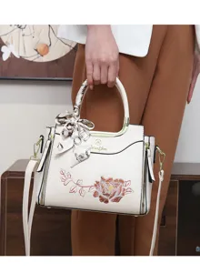 Elegant peony embroidered women handbag, chic silk scarf top handle shoulder crossbody bag.