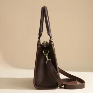 Side detail view of brown leather women tote bag featuring metal zipper and shoulder strap.