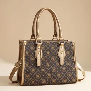 Women's large capacity brown monogram tote bag with chic gold handles for daily commute.