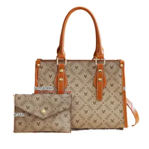Women fashion brown monogram tote bag set with matching clutch, large capacity casual handbag.