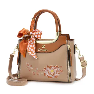 Elegant peony embroidery women handbag, casual versatile shoulder crossbody tote bag with scarf.